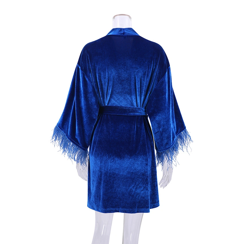 Autumn New Style Blue Bride Feather Morning Robes Women Luxury Designer Fashion Robe Velvet