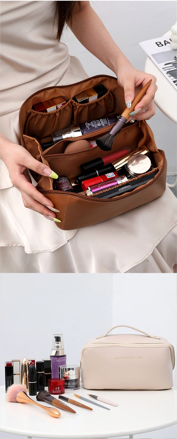 Custom Cheap Portable Travel Leather Upgraded PU Waterproof Toiletry Cosmetic Makeup Beauty Bag