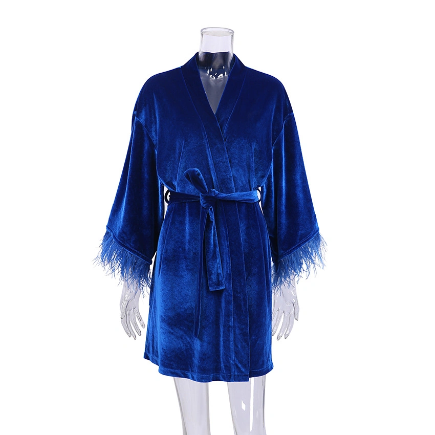 Autumn New Style Blue Bride Feather Morning Robes Women Luxury Designer Fashion Robe Velvet