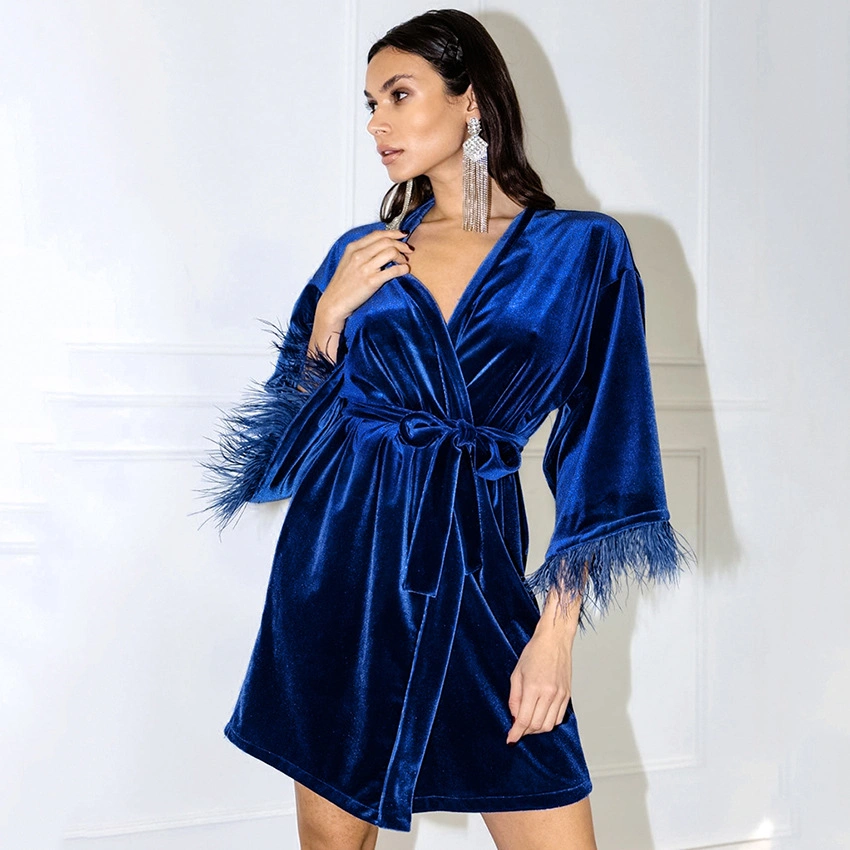 Spring Autumn New Style Blue Bride Feather Morning Robes Women Luxury Designer Fashion Robe Velvet