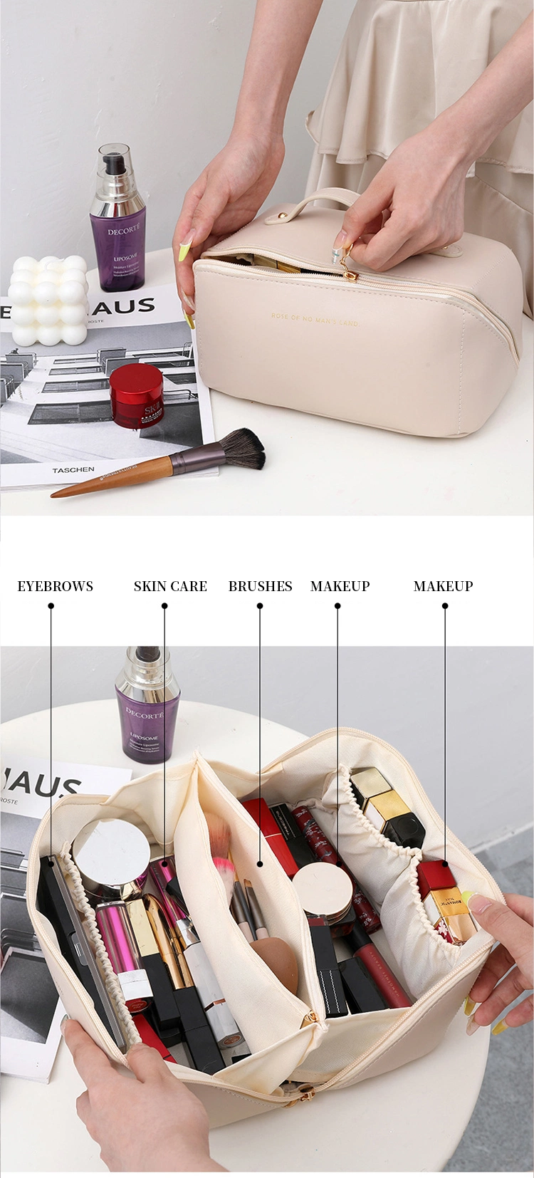 Custom Cheap Portable Travel Leather Upgraded PU Waterproof Toiletry Cosmetic Makeup Beauty Bag