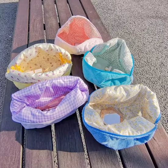 in Stock Blue Makeup Pouch Cotton Quilted Small Make up Terry Towel Cloth Cosmetic Bag with Zipper