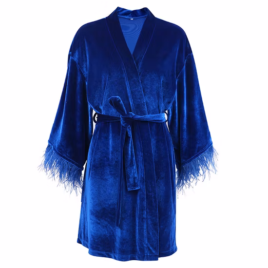 Autumn New Style Blue Bride Feather Morning Robes Women Luxury Designer Fashion Robe Velvet
